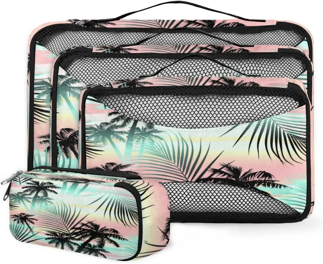 Packing Cubes 4 Pack Tropical Summer Palm Tree Pattern Travel Packing Bags Individual Carry on Suitcases Underwear Luggage Mesh Organizer Packing Cubes Set for Travel Bag Backpack