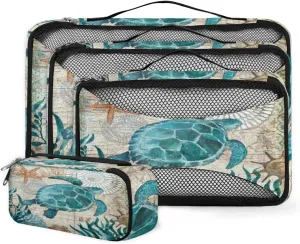Packing Cubes 4 Pack Vintage Sea Ocean Animal Turtle Travel Packing Bags Individual Carry on Suitcases Underwear Luggage Mesh Organizer Packing Cubes Set for Travel Bag Backpack