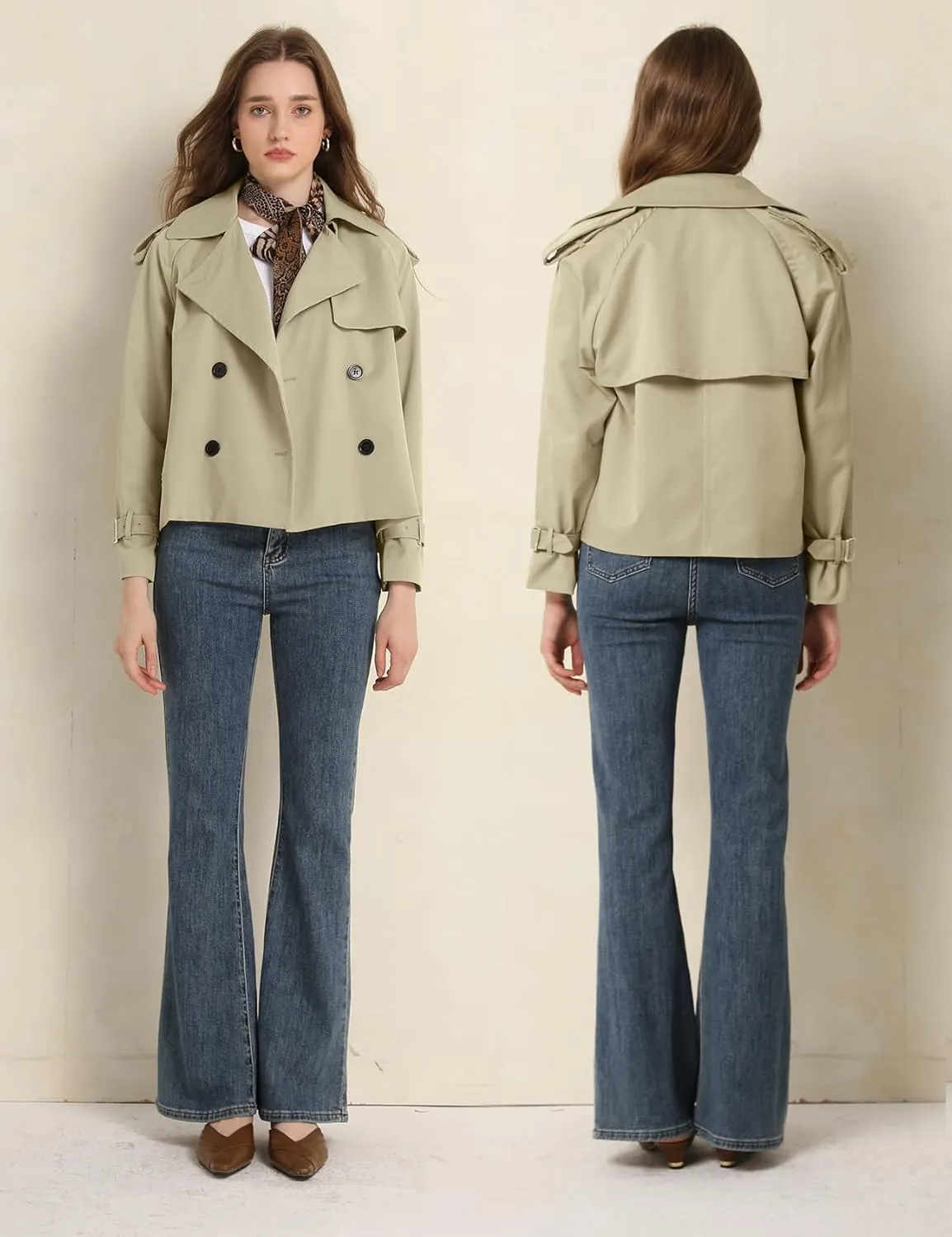 PEHMEA Women's Crop Double Breasted Trench Coat with Pockets, 2025 Spring Casual Trendy Work Office Travel Short Jackets