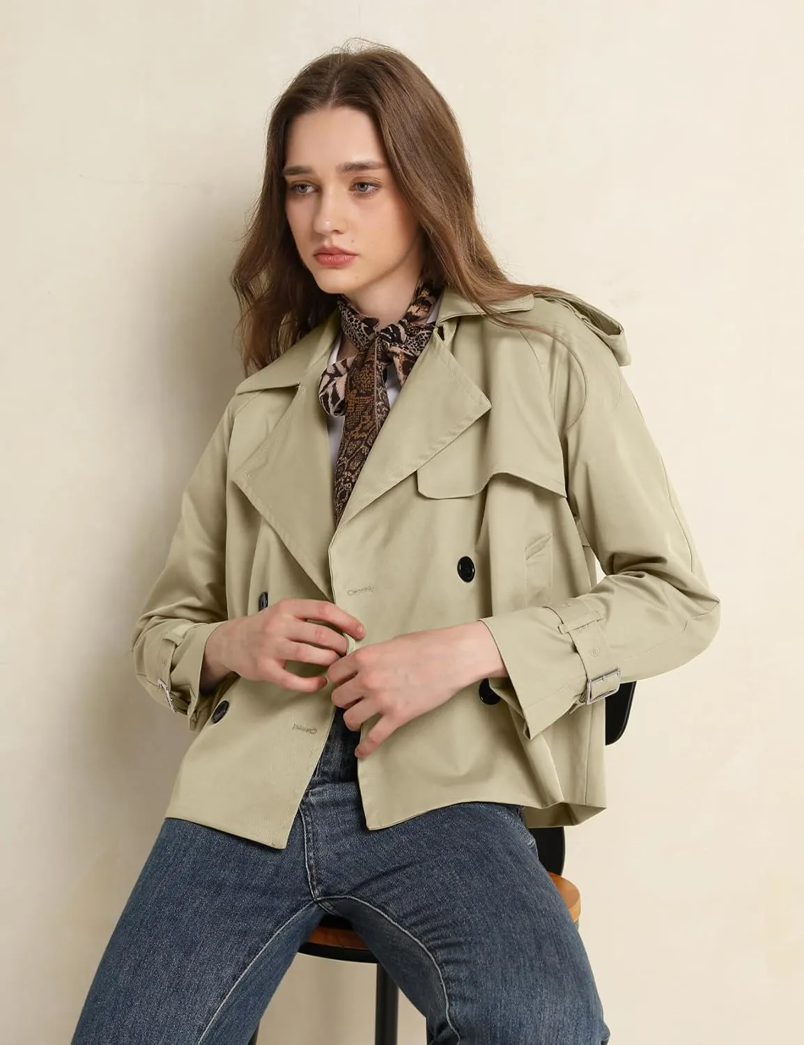 PEHMEA Women's Crop Double Breasted Trench Coat with Pockets, 2025 Spring Casual Trendy Work Office Travel Short Jackets