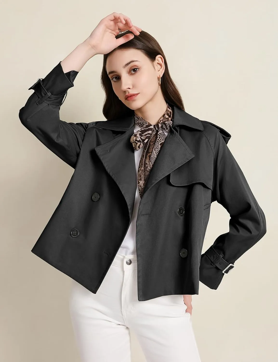 PEHMEA Women's Crop Double Breasted Trench Coat with Pockets, 2025 Spring Casual Trendy Work Office Travel Short Jackets