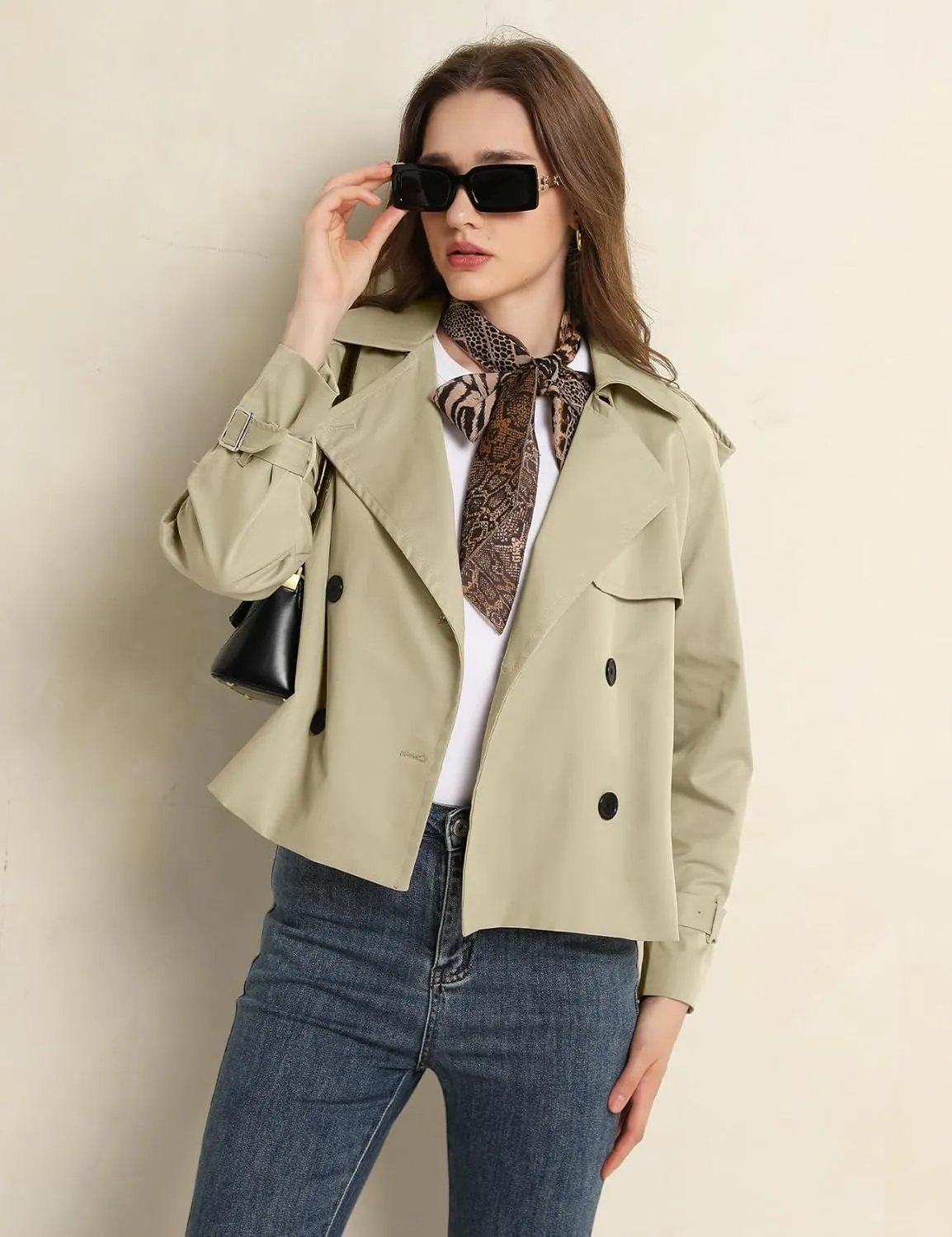 PEHMEA Women's Crop Double Breasted Trench Coat with Pockets, 2025 Spring Casual Trendy Work Office Travel Short Jackets