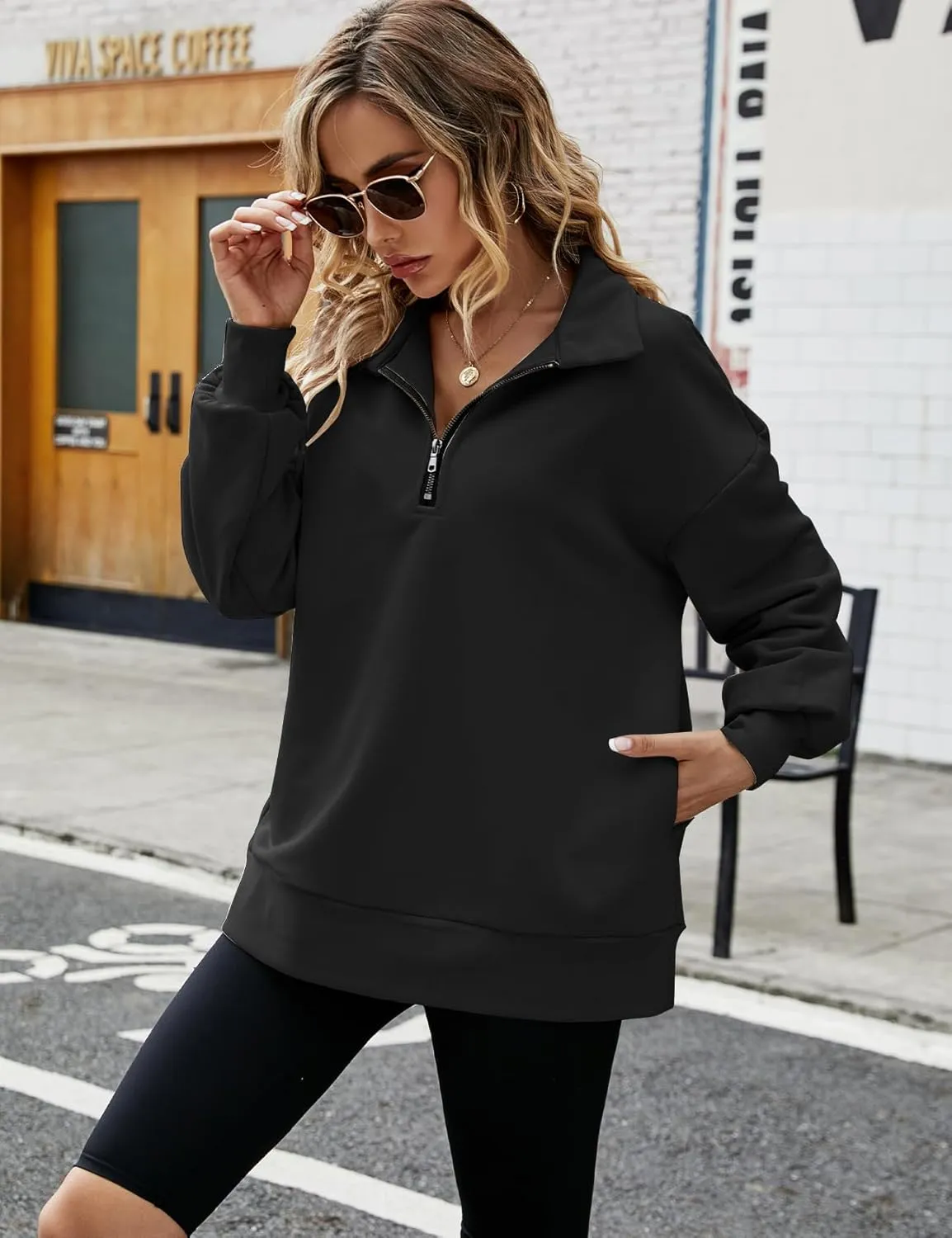 PEHMEA Womens Oversized Half Zip Pullover Long Sleeve Sweatshirt Quarter Zip Hoodie Trendy Sweater Fall Y2K Clothes
