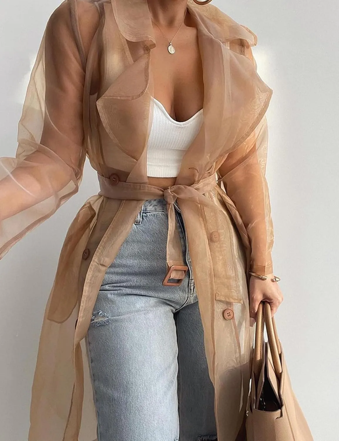 Perbai Womens Sheer Mesh Trench Jacket Lapel Double Breasted Belted Midi Peacoat Outerwear