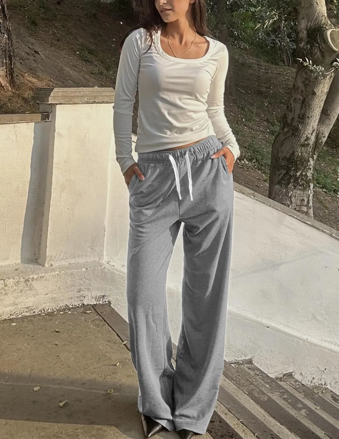 PINSPARK Wide Leg Sweat Pants for Womens High Waisted Baggy Sweatpants Casual Drawstring Workout Pants with Pockets