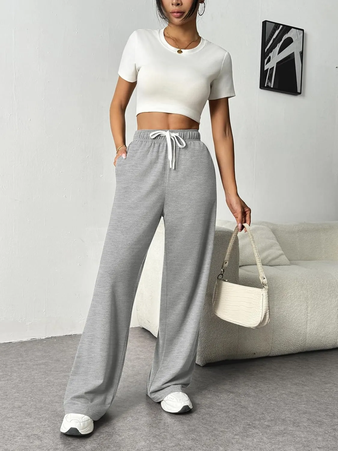 PINSPARK Wide Leg Sweat Pants for Womens High Waisted Baggy Sweatpants Casual Drawstring Workout Pants with Pockets