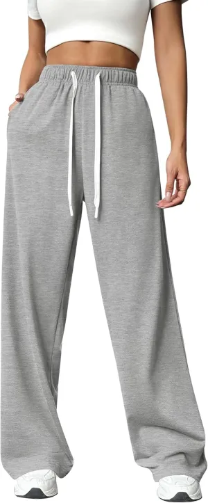 PINSPARK Wide Leg Sweat Pants for Womens High Waisted Baggy Sweatpants Casual Drawstring Workout Pants with Pockets