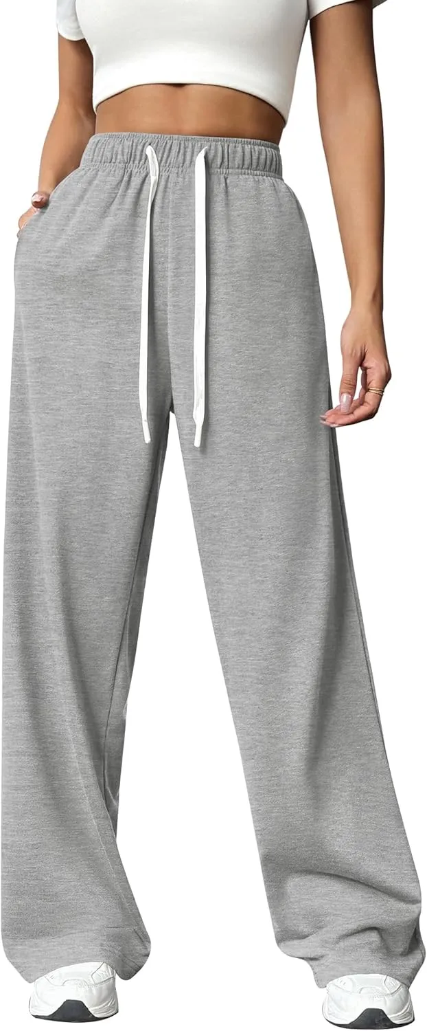 PINSPARK Wide Leg Sweat Pants for Womens High Waisted Baggy Sweatpants Casual Drawstring Workout Pants with Pockets