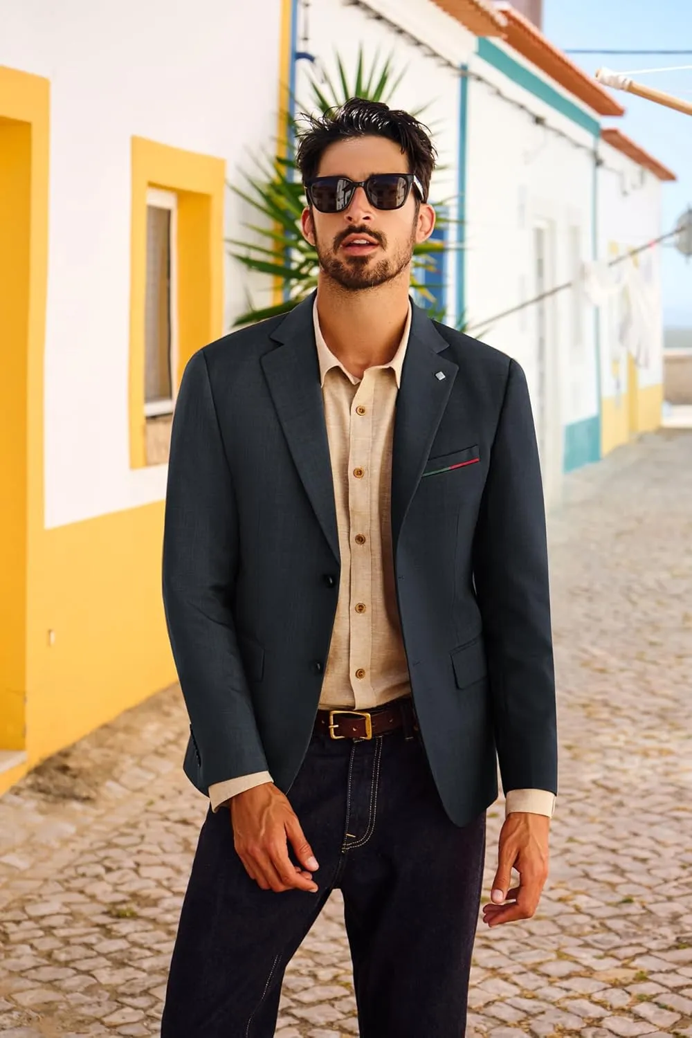 PJ PAUL JONES Mens Blazer Lightweight Sport Coats Casual Two Buttons Notched Lapel Suit Jacket with Removable Brooch