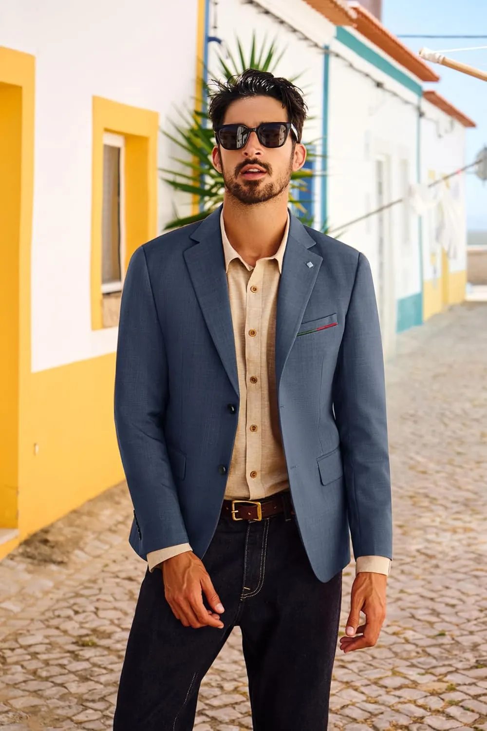 PJ PAUL JONES Mens Blazer Lightweight Sport Coats Casual Two Buttons Notched Lapel Suit Jacket with Removable Brooch