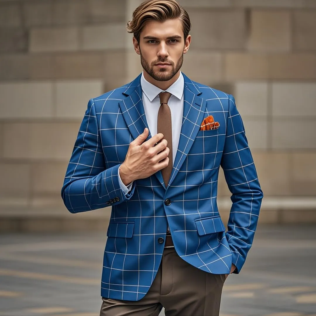 Plaid Blazer Men Sports Coat and Blazers Casual Lightweight Notch Lapel 2 Button Business Mens Suit Jackets