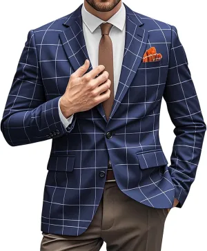 Plaid Blazer Men Sports Coat and Blazers Casual Lightweight Notch Lapel 2 Button Business Mens Suit Jackets