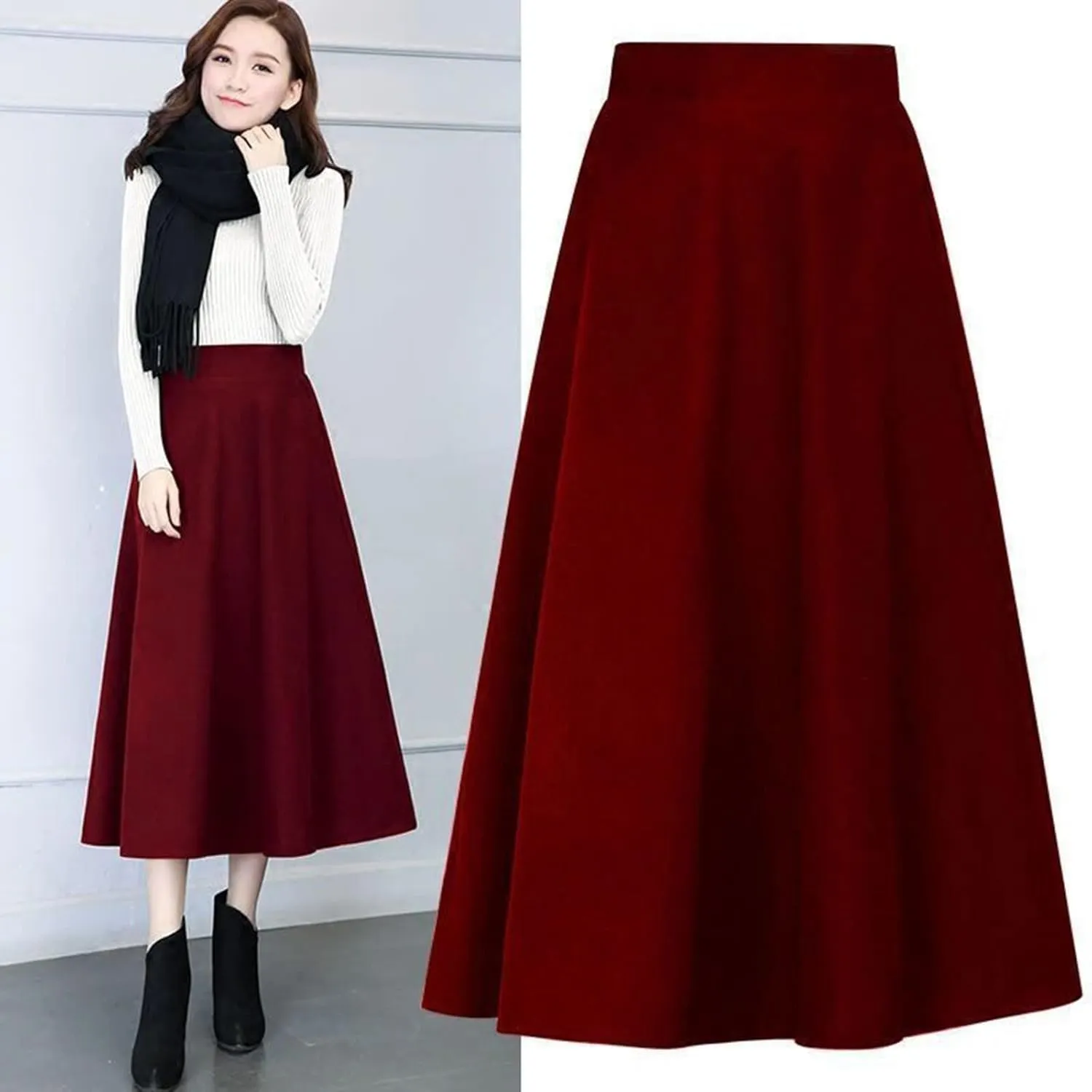 Pleated Skirt Womens Winter Vintage High Elastic Waist A Line Pleated Wool Midi Skirt Lady Skirt Short Skirt Glitter