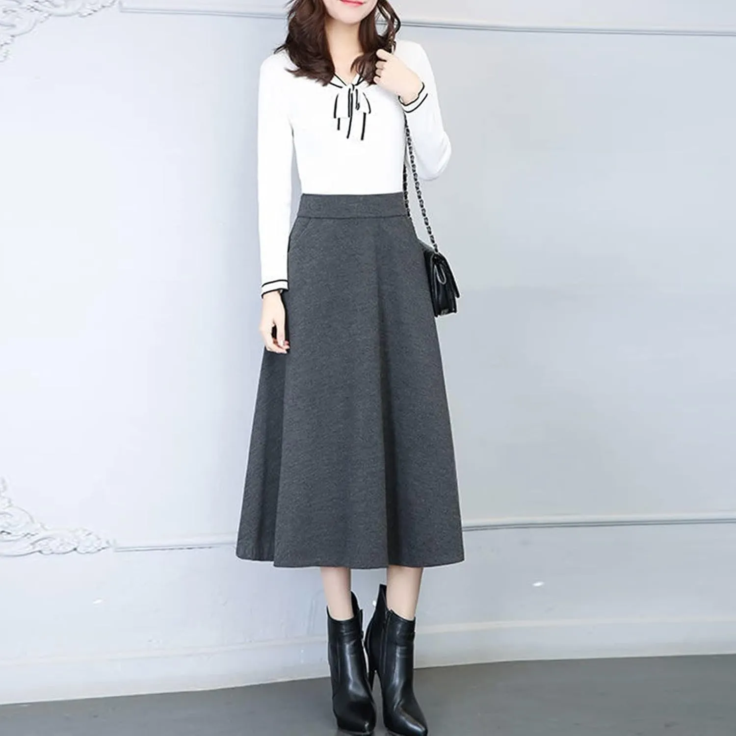 Pleated Skirt Womens Winter Vintage High Elastic Waist A Line Pleated Wool Midi Skirt Lady Skirt Short Skirt Glitter