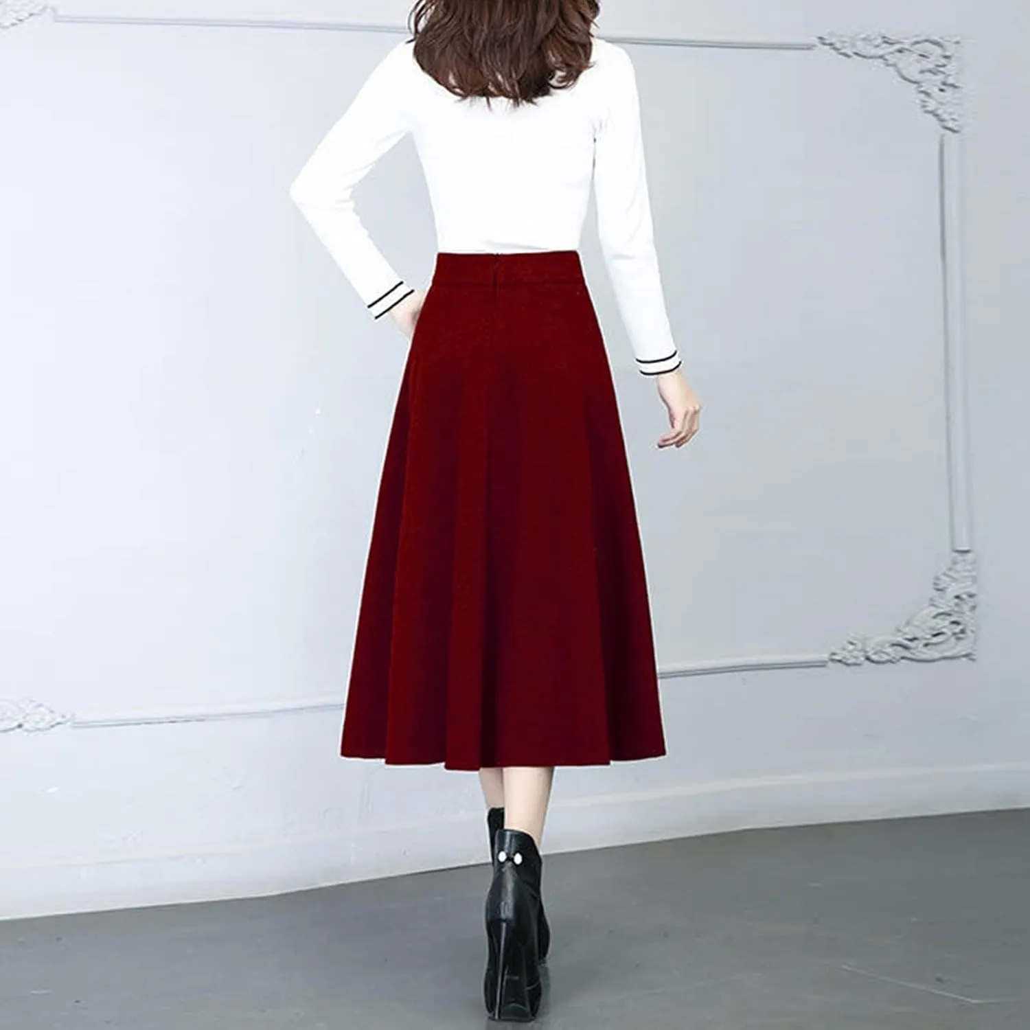 Pleated Skirt Womens Winter Vintage High Elastic Waist A Line Pleated Wool Midi Skirt Lady Skirt Short Skirt Glitter