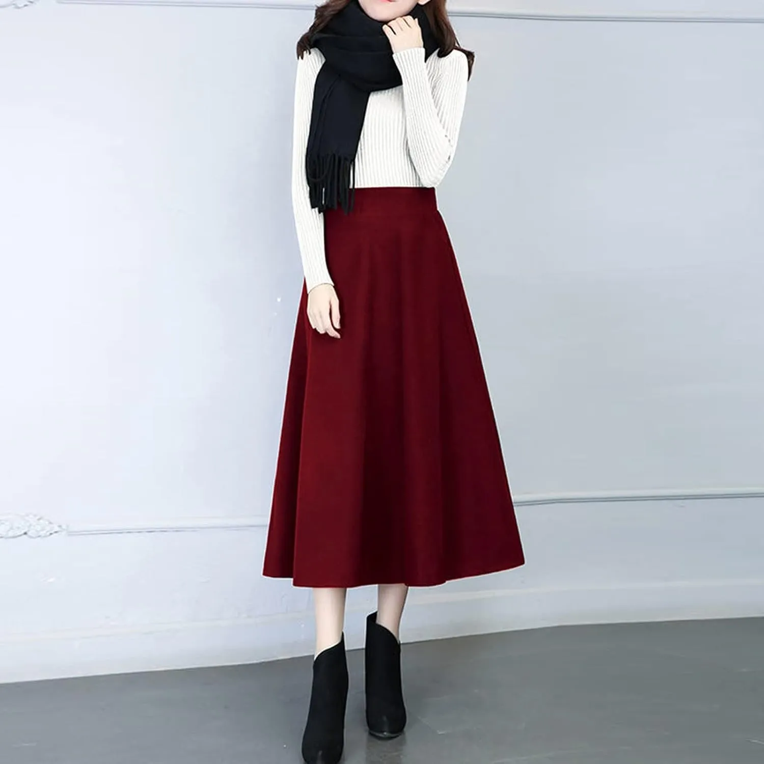 Pleated Skirt Womens Winter Vintage High Elastic Waist A Line Pleated Wool Midi Skirt Lady Skirt Short Skirt Glitter