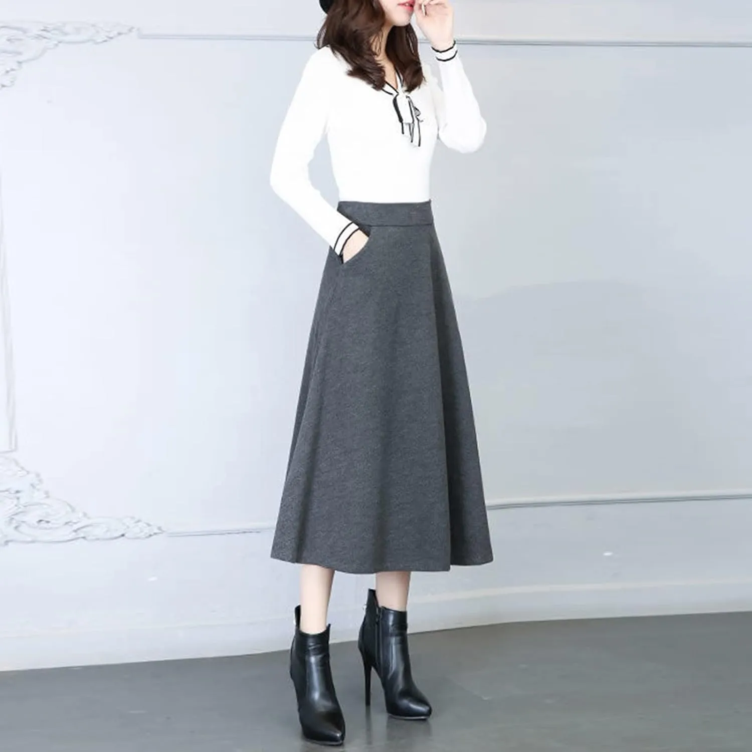 Pleated Skirt Womens Winter Vintage High Elastic Waist A Line Pleated Wool Midi Skirt Lady Skirt Short Skirt Glitter