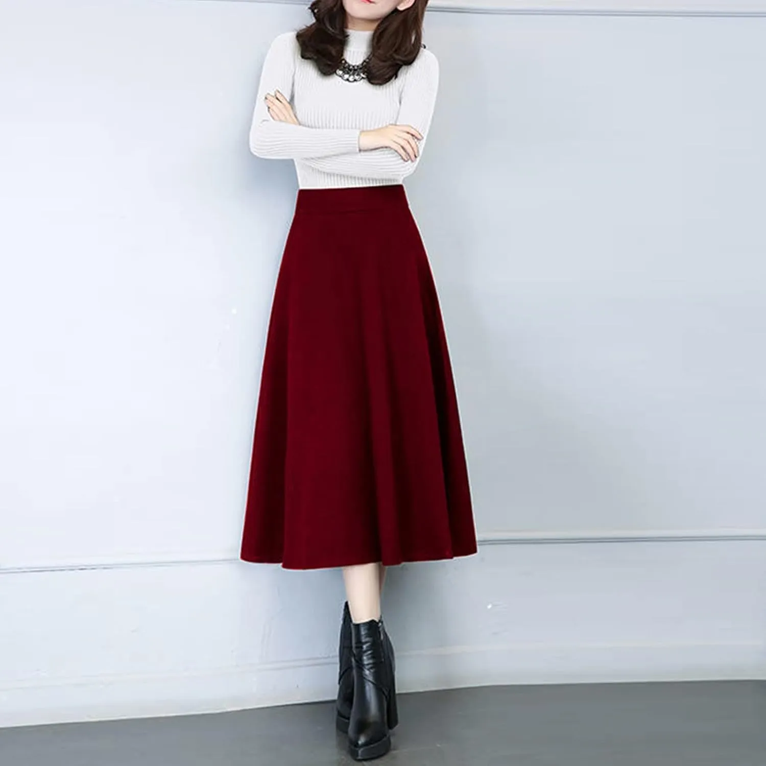 Pleated Skirt Womens Winter Vintage High Elastic Waist A Line Pleated Wool Midi Skirt Lady Skirt Short Skirt Glitter