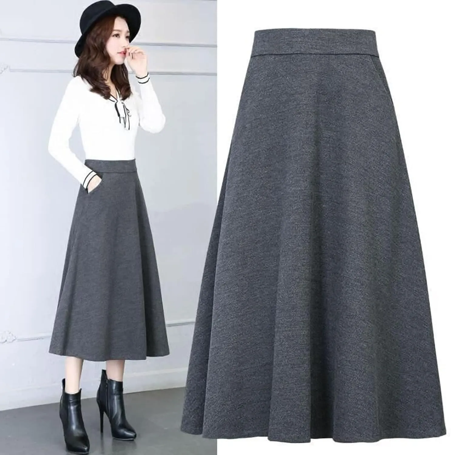 Pleated Skirt Womens Winter Vintage High Elastic Waist A Line Pleated Wool Midi Skirt Lady Skirt Short Skirt Glitter