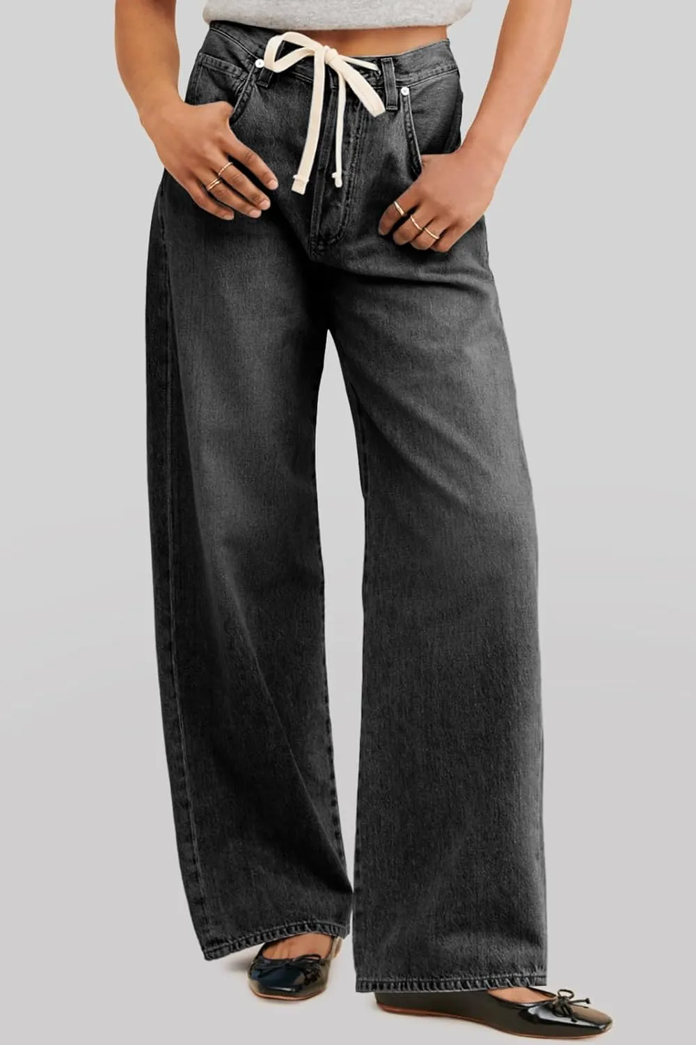 PLNOTME Womens Baggy Wide Leg Jeans Boyfriend Drawstring High Waisted Mom Denim Pants with Pockets