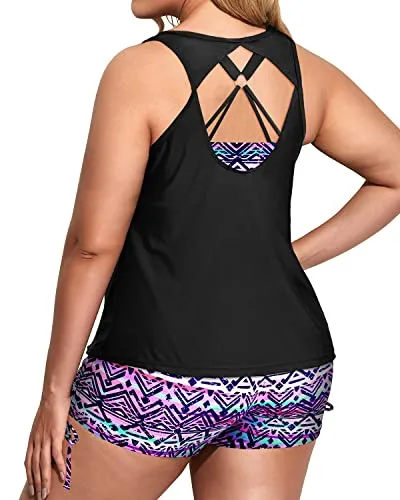 Plus Size 3 Piece Bathing Suits With Bikini Top And Boyshorts-Black And Tribal Purple
