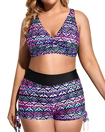 Plus Size 3 Piece Bathing Suits With Bikini Top And Boyshorts-Black And Tribal Purple