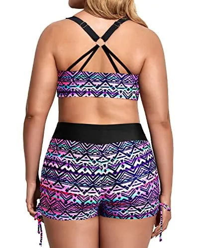 Plus Size 3 Piece Bathing Suits With Bikini Top And Boyshorts-Black And Tribal Purple