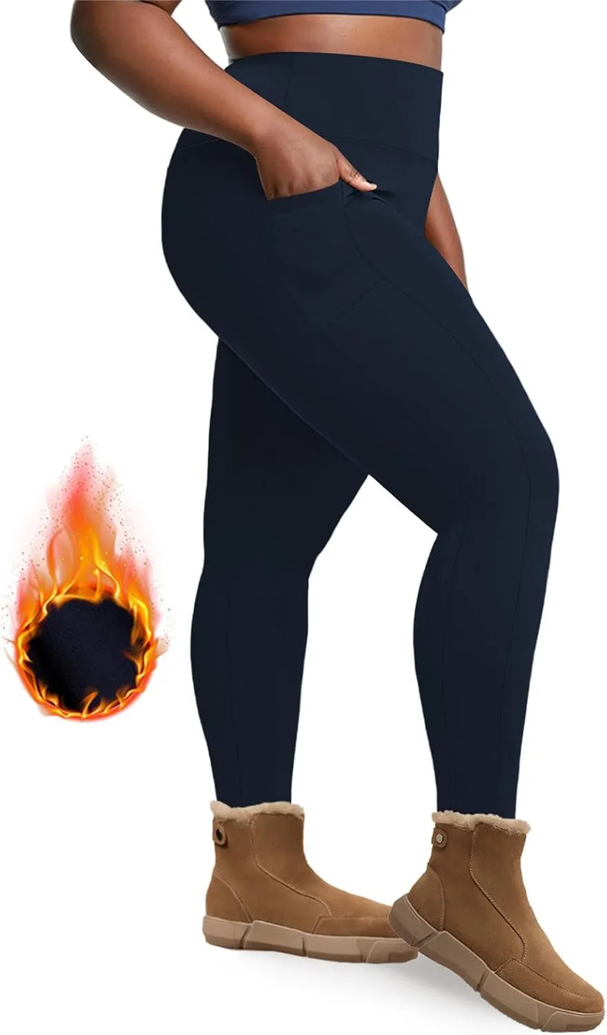 Plus Size Leggings Fleece Lined for Women Thermal Winter Tummy Control Pants Workout Running Yoga Pants with Pockets