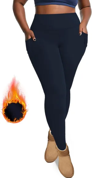 Plus Size Leggings Fleece Lined for Women Thermal Winter Tummy Control Pants Workout Running Yoga Pants with Pockets