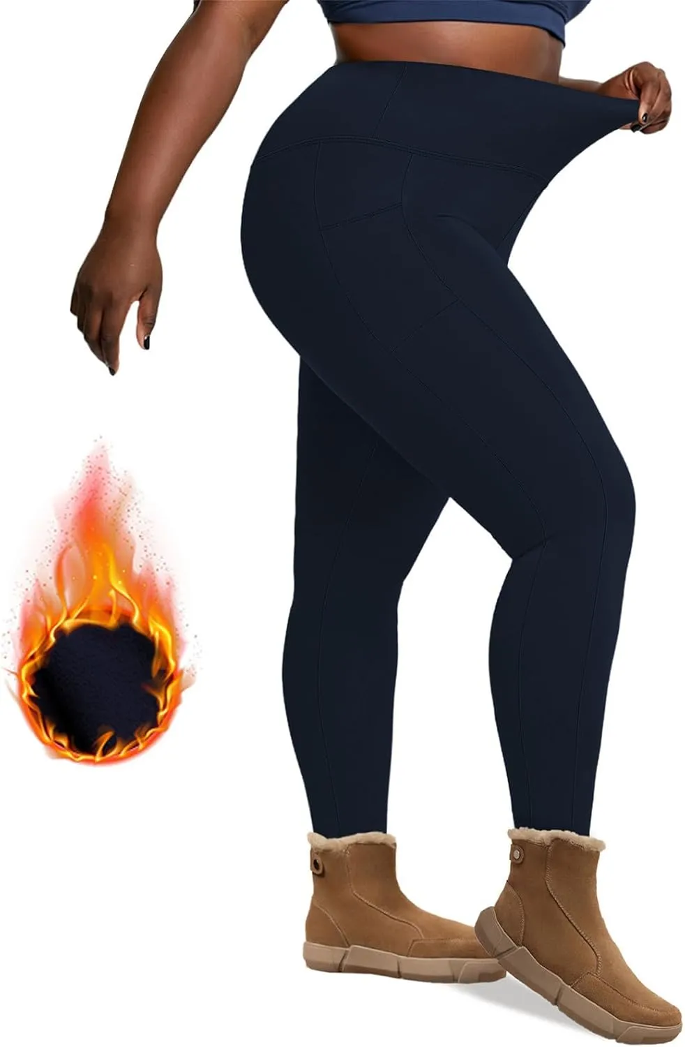 Plus Size Leggings Fleece Lined for Women Thermal Winter Tummy Control Pants Workout Running Yoga Pants with Pockets