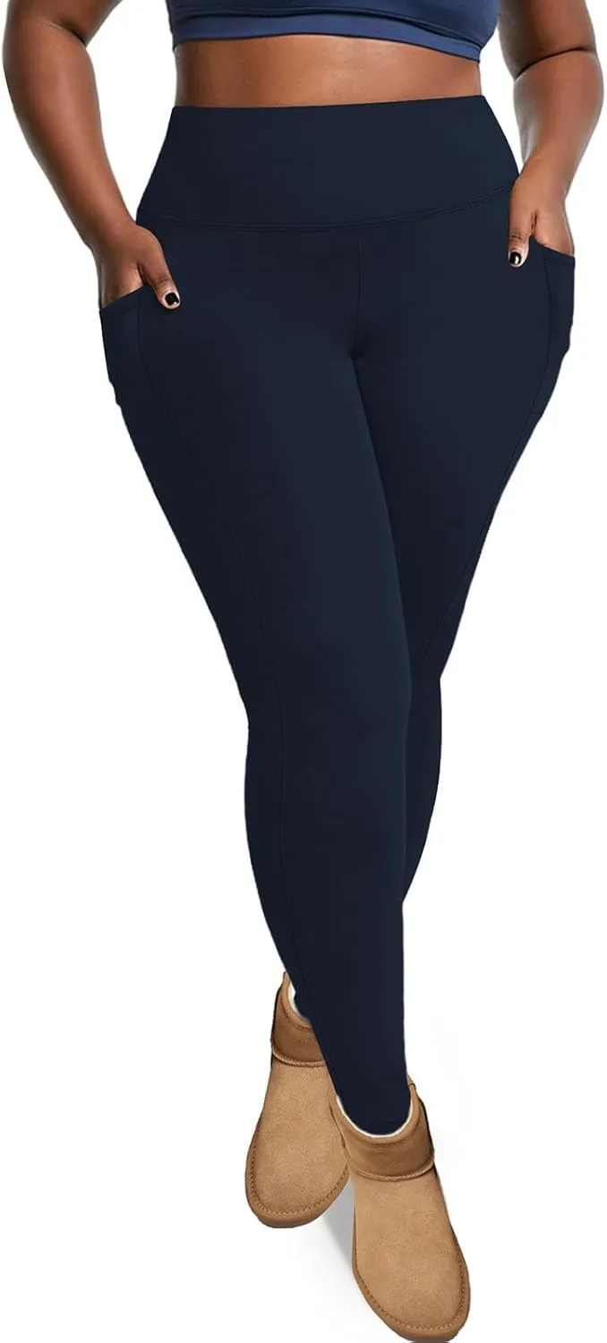 Plus Size Leggings Fleece Lined for Women Thermal Winter Tummy Control Pants Workout Running Yoga Pants with Pockets