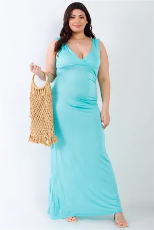 Plus V neck Sleeveless Loose Plain Long Maxi Casual Mint Dress