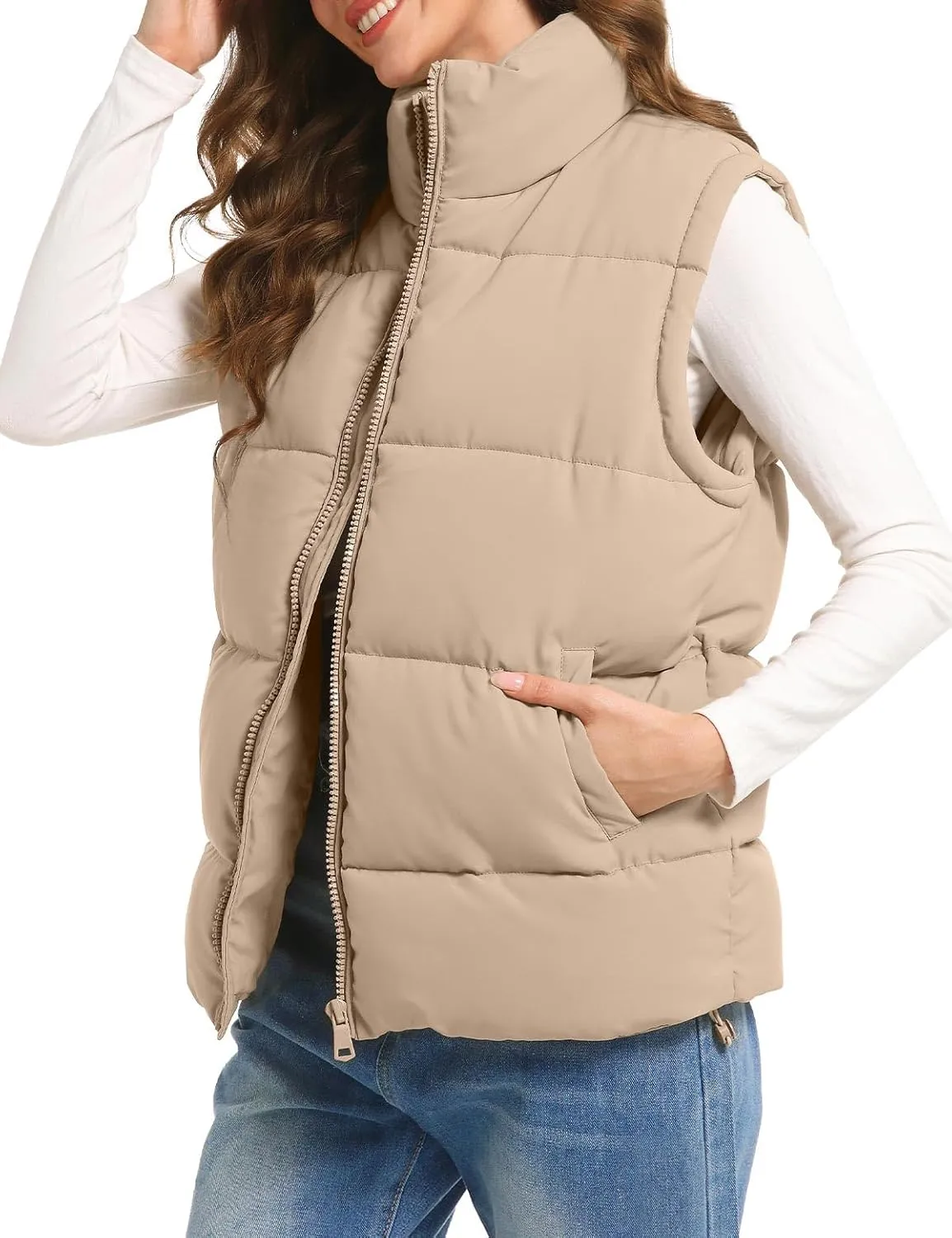 Polu Puffer Vest Women Zip Up Stand Collar Sleeveless Down Vests Oversized Padded Gilet Jacket
