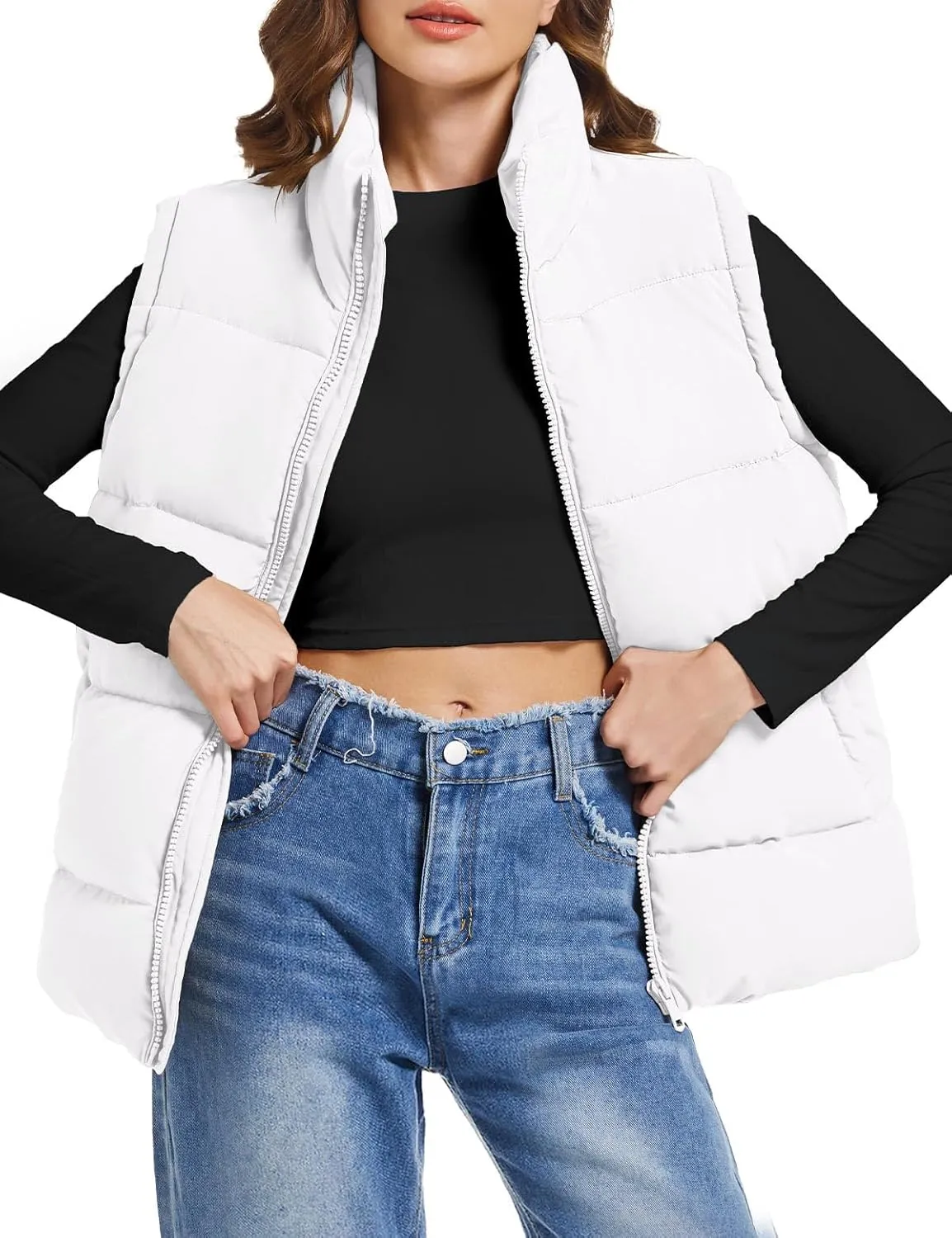 Polu Puffer Vest Women Zip Up Stand Collar Sleeveless Down Vests Oversized Padded Gilet Jacket