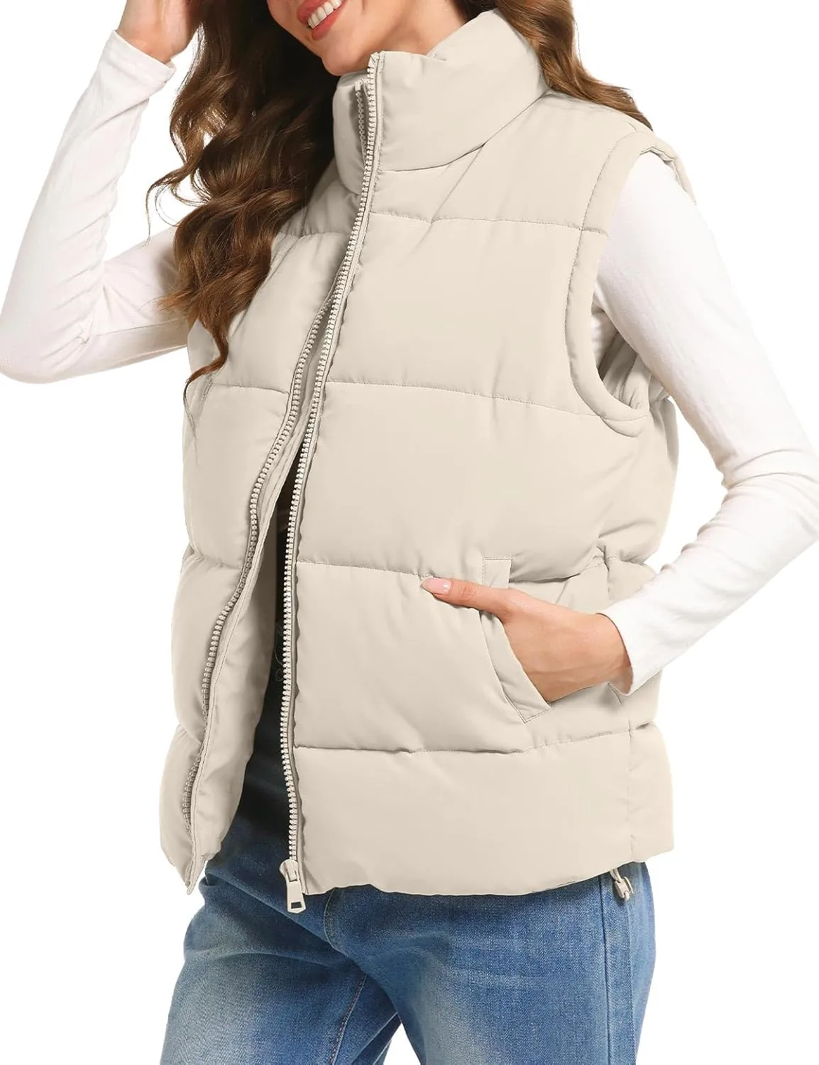 Polu Puffer Vest Women Zip Up Stand Collar Sleeveless Down Vests Oversized Padded Gilet Jacket