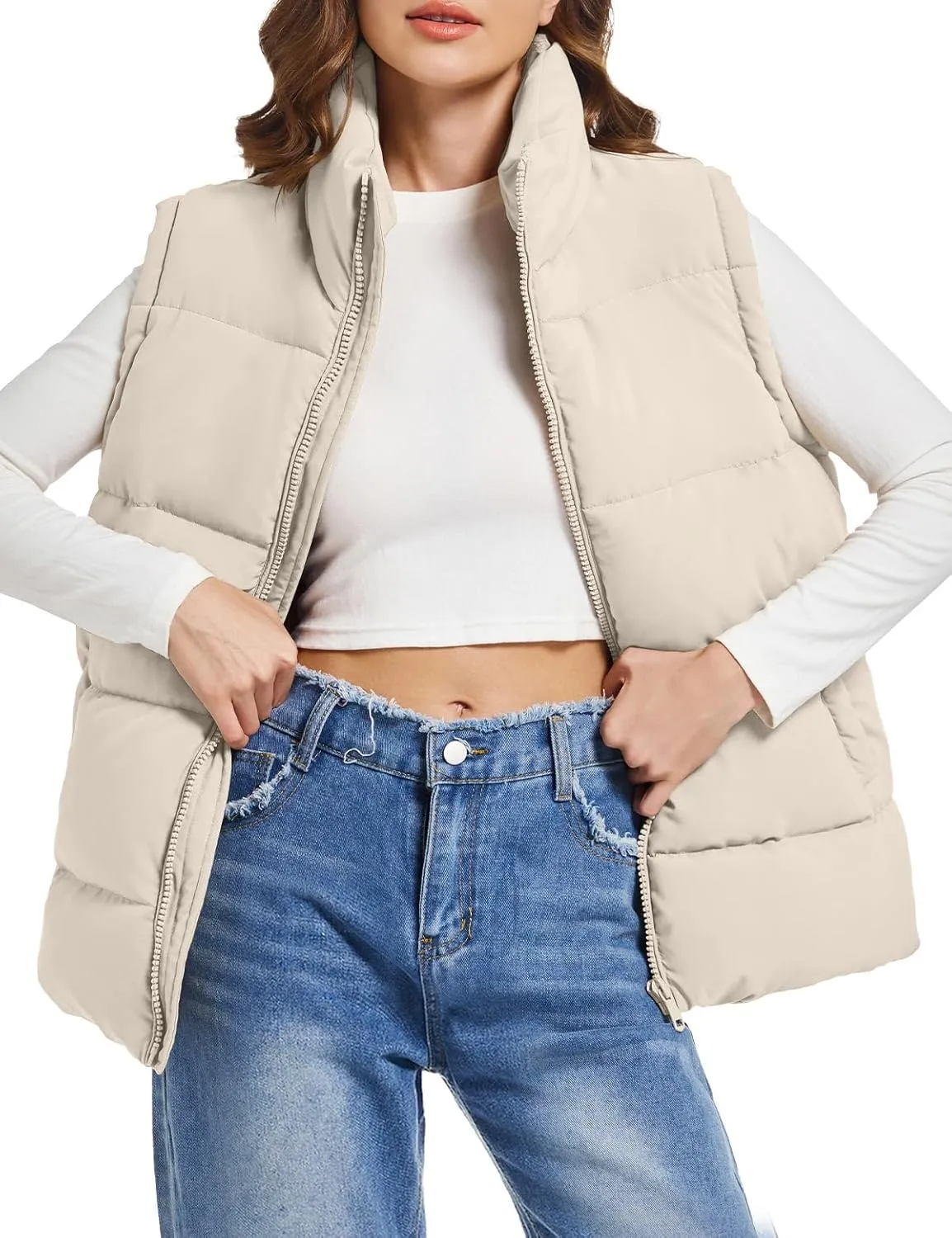 Polu Puffer Vest Women Zip Up Stand Collar Sleeveless Down Vests Oversized Padded Gilet Jacket