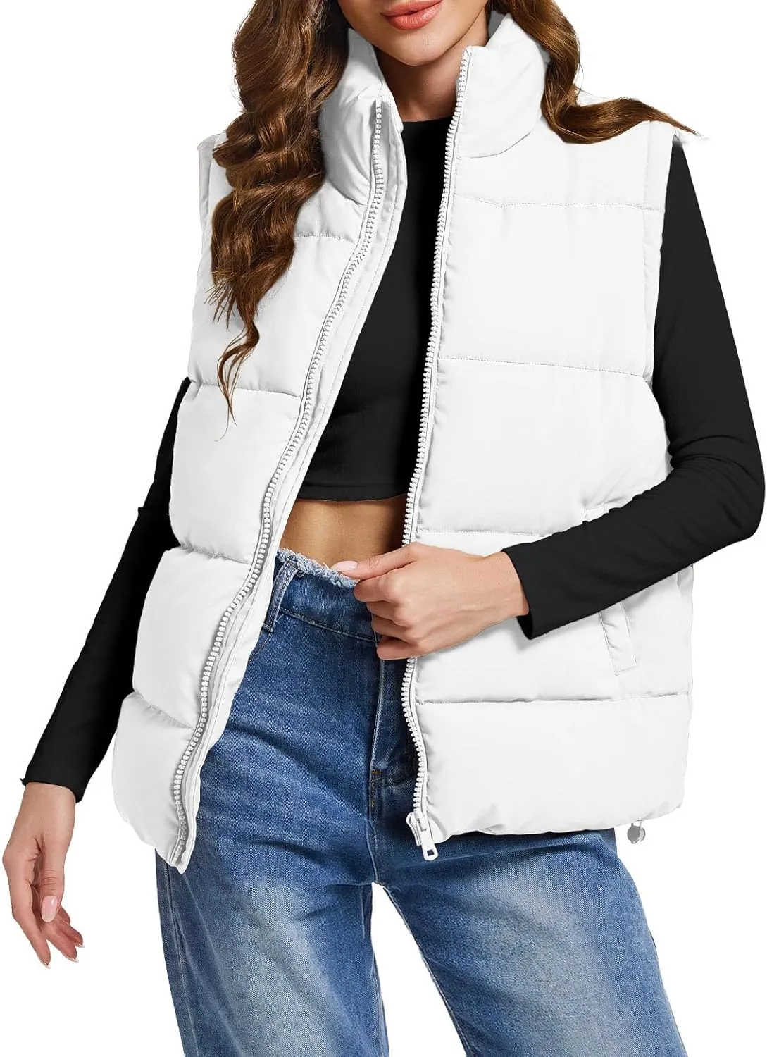 Polu Puffer Vest Women Zip Up Stand Collar Sleeveless Down Vests Oversized Padded Gilet Jacket