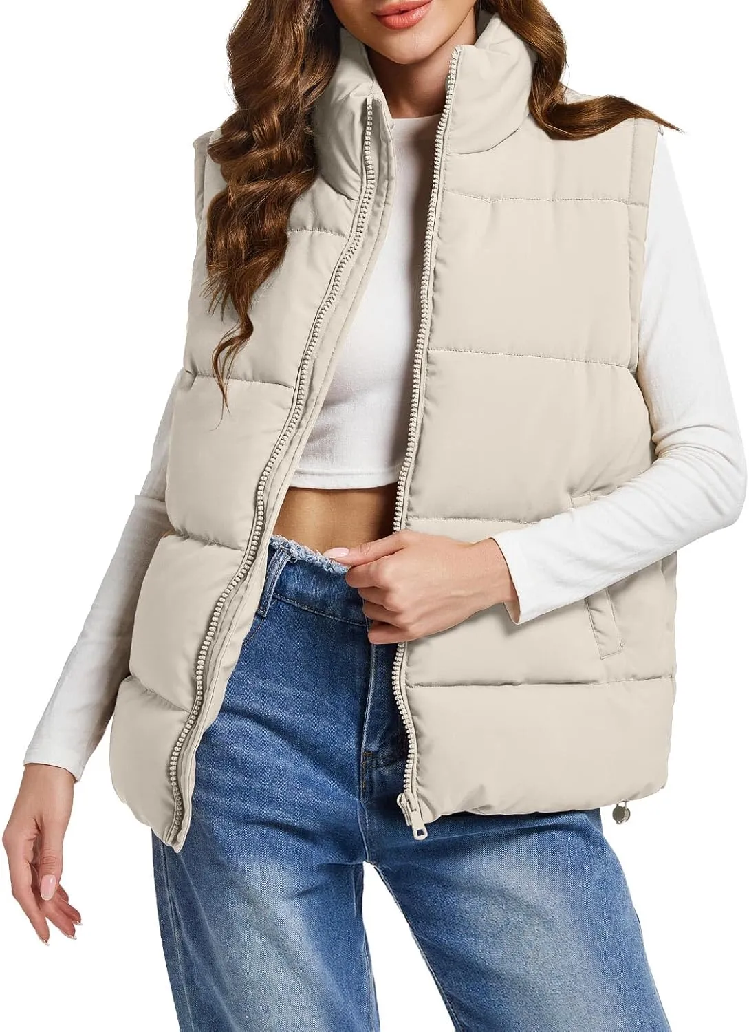 Polu Puffer Vest Women Zip Up Stand Collar Sleeveless Down Vests Oversized Padded Gilet Jacket