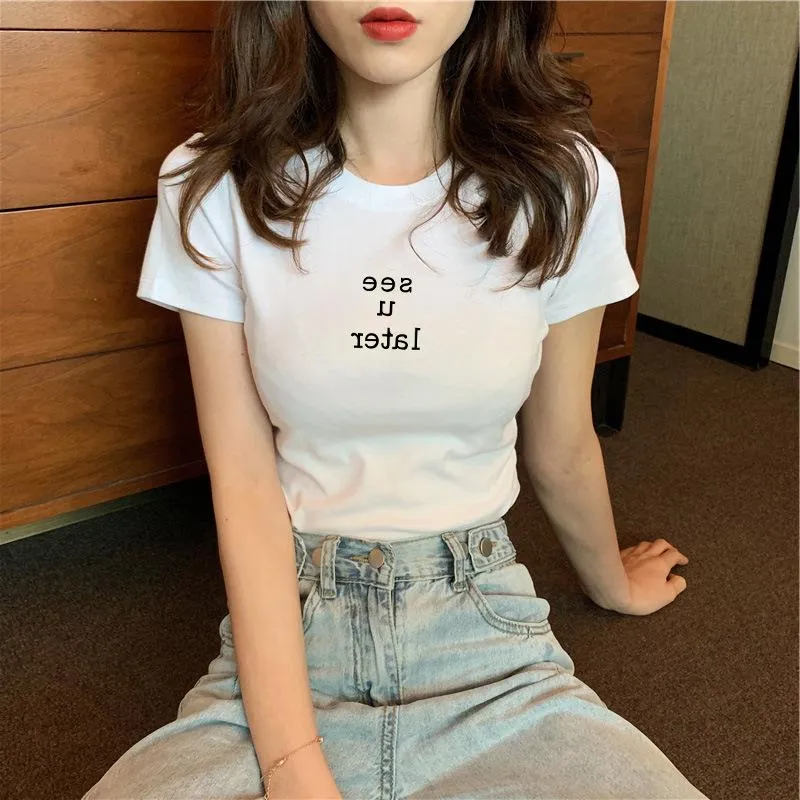 Popular Women INS Summer Korean Minimalist Alphabets Printed Slimming Slim-Look Round-Neck Short Sleeve Tops T-Shirt