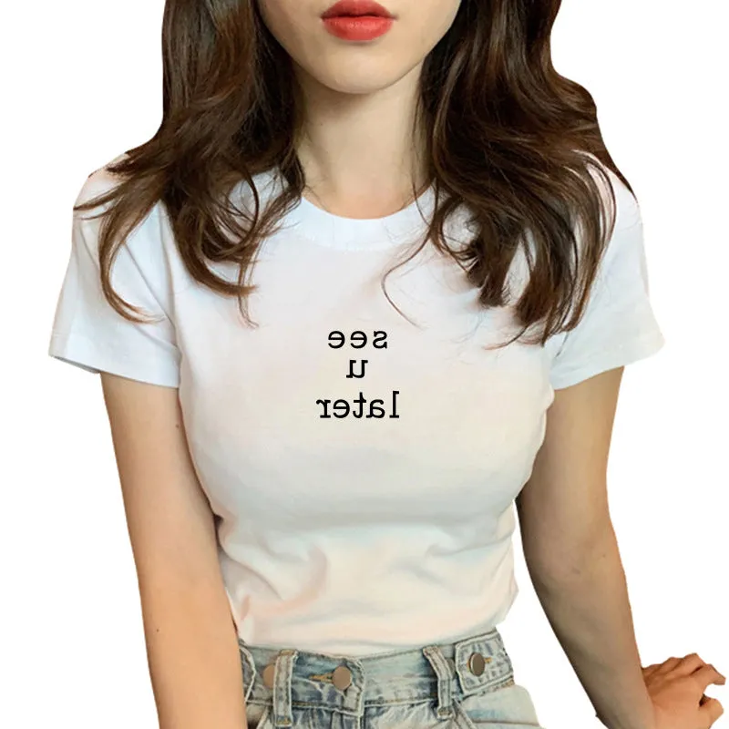 Popular Women INS Summer Korean Minimalist Alphabets Printed Slimming Slim-Look Round-Neck Short Sleeve Tops T-Shirt