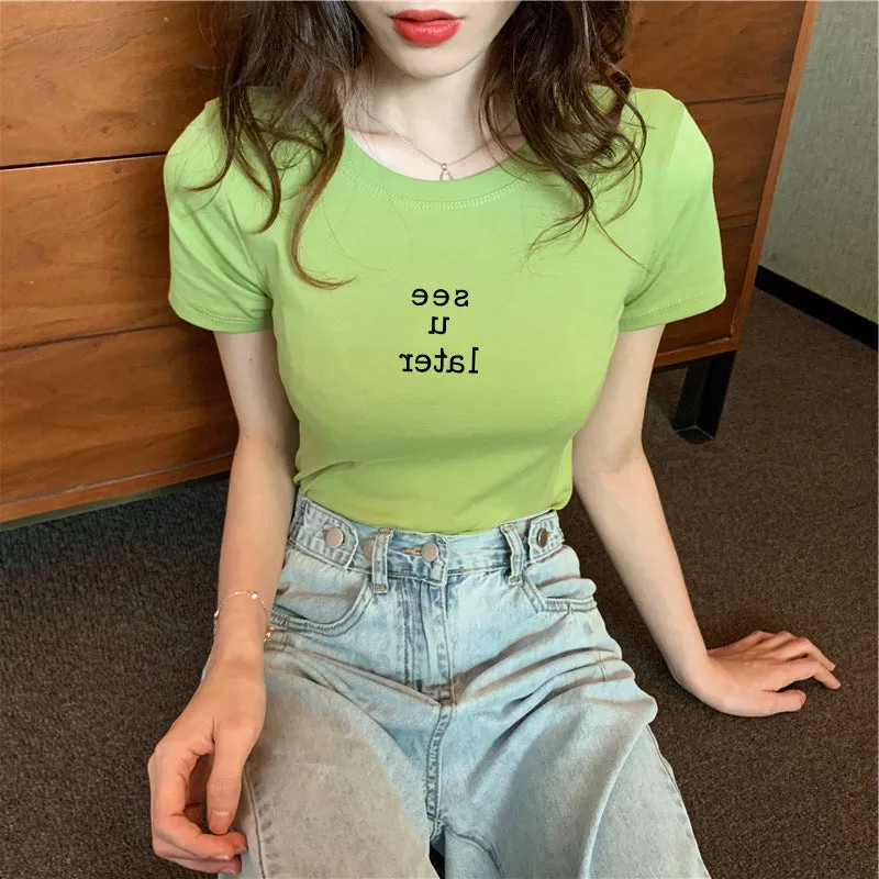 Popular Women INS Summer Korean Minimalist Alphabets Printed Slimming Slim-Look Round-Neck Short Sleeve Tops T-Shirt