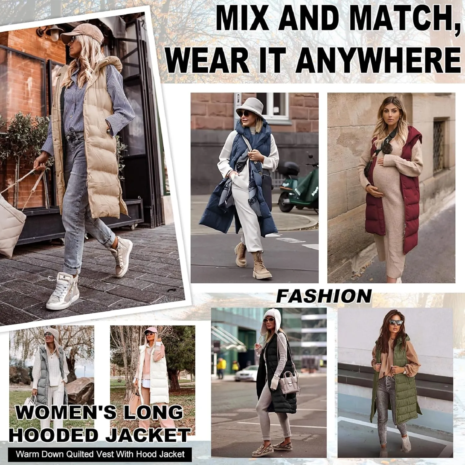 Puffer Vest for Women Long Down Hooded Vest Womens Sleeveless Zip Up Jacket Winter Thick Coats with Pockets