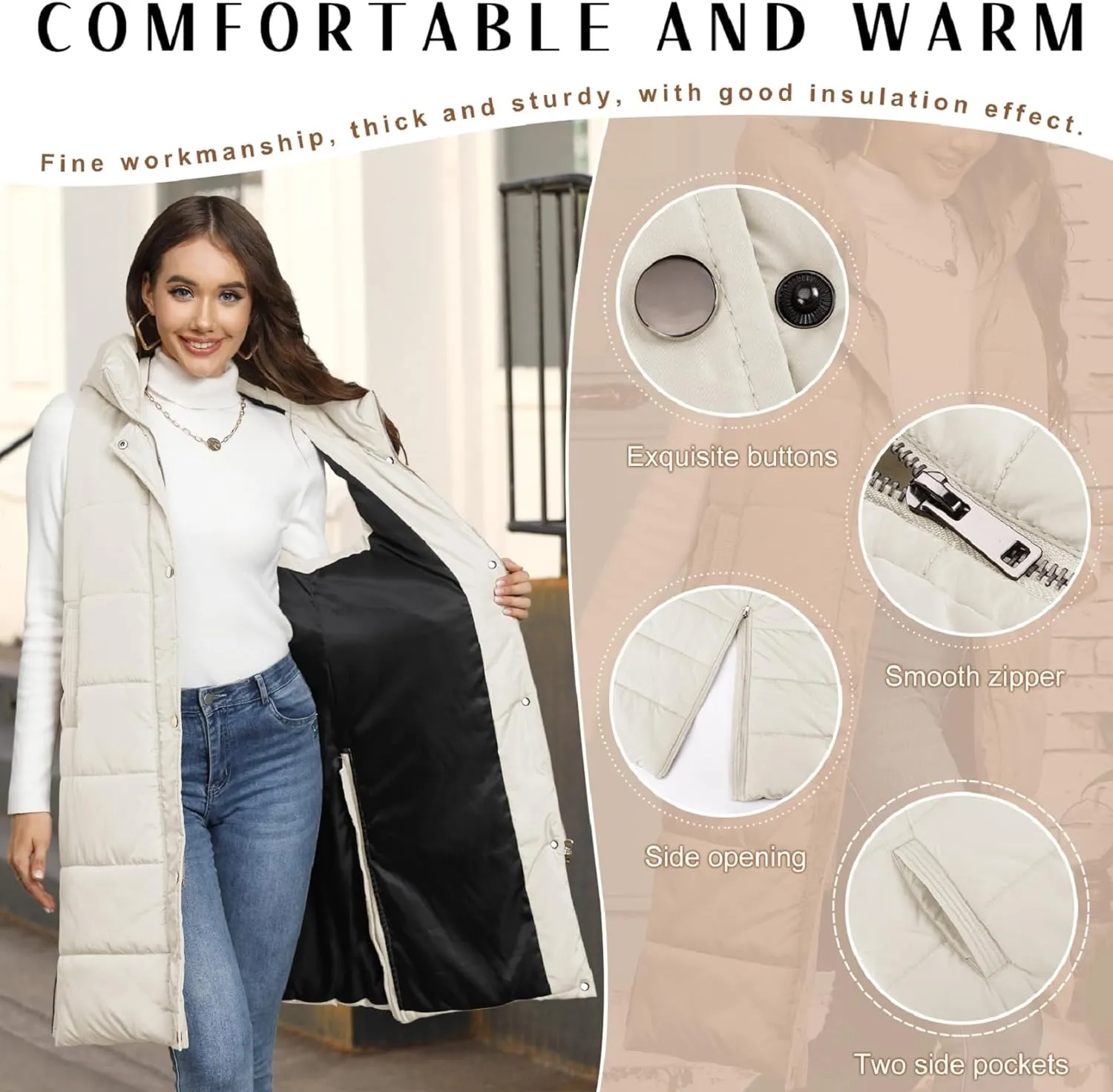 Puffer Vest for Women Long Down Hooded Vest Womens Sleeveless Zip Up Jacket Winter Thick Coats with Pockets
