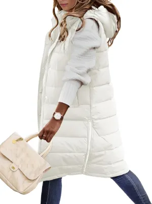 Puffer Vest for Women Long Down Hooded Vest Womens Sleeveless Zip Up Jacket Winter Thick Coats with Pockets