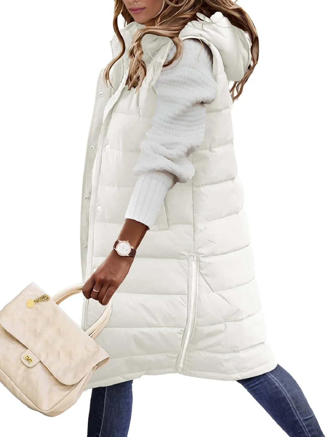 Puffer Vest for Women Long Down Hooded Vest Womens Sleeveless Zip Up Jacket Winter Thick Coats with Pockets