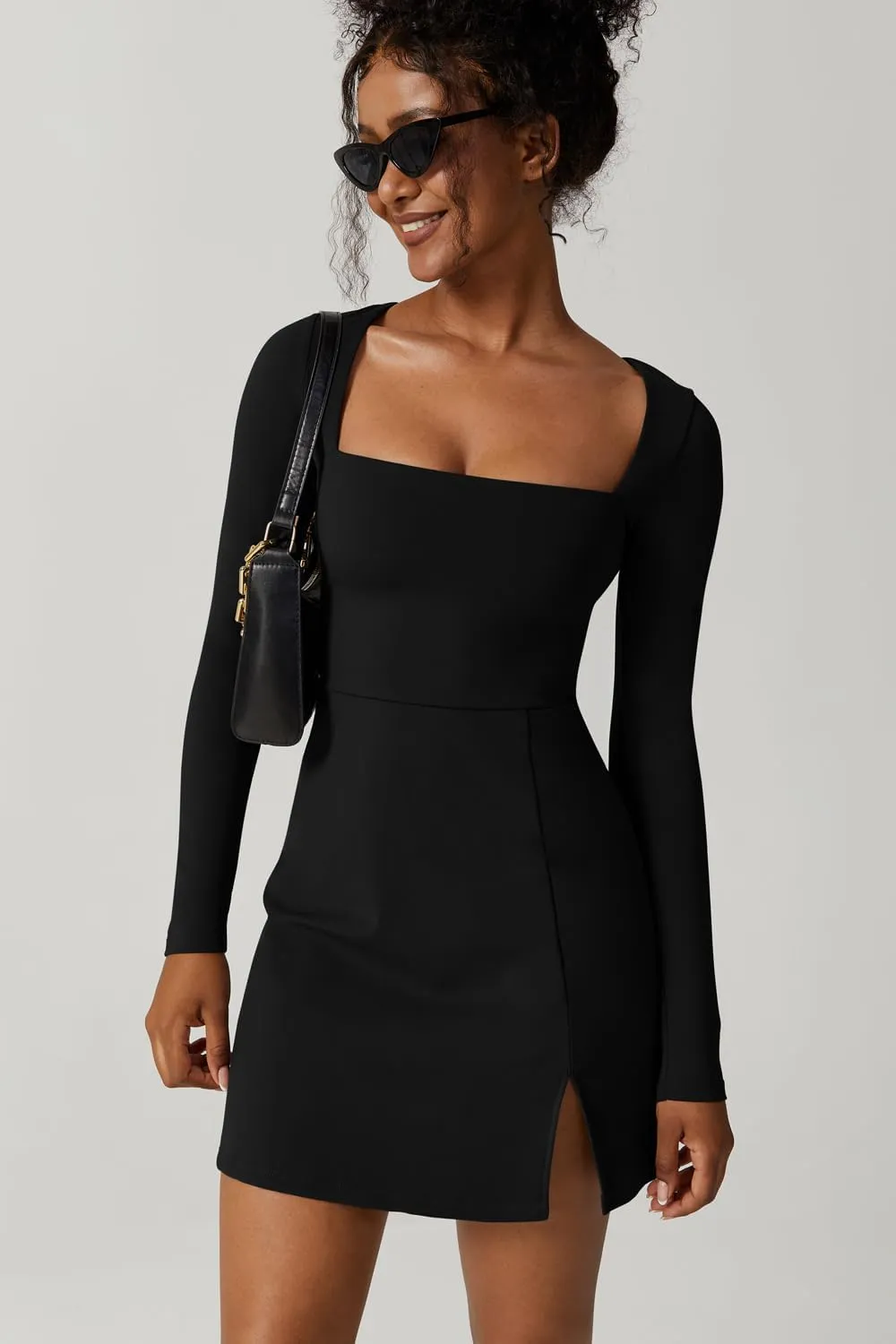QINSEN Womens Square Neck Bodice Dress Long Sleeve Side Slit Flare Mini Dresses