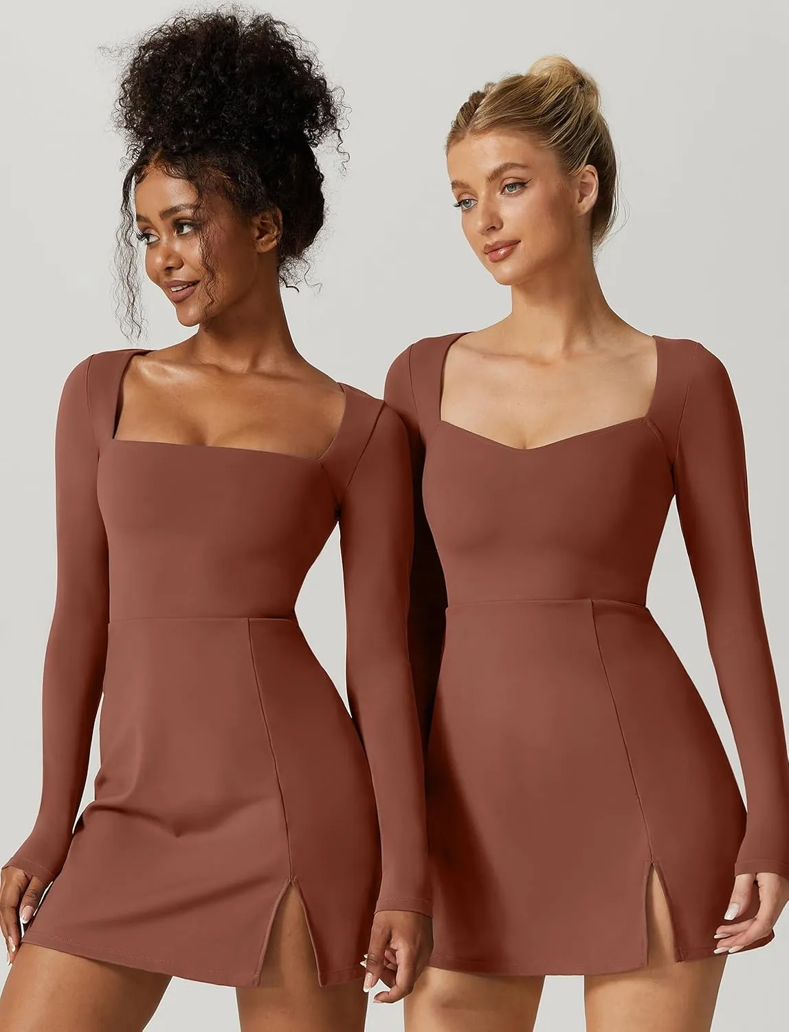 QINSEN Womens Square Neck Bodice Dress Long Sleeve Side Slit Flare Mini Dresses