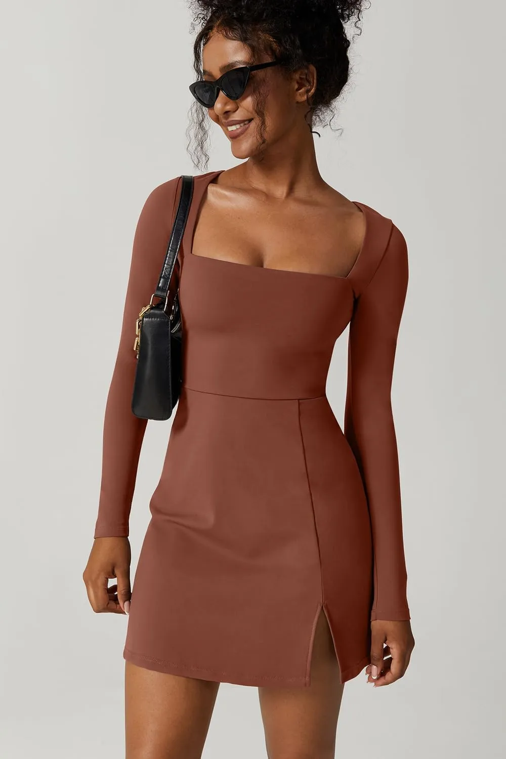 QINSEN Womens Square Neck Bodice Dress Long Sleeve Side Slit Flare Mini Dresses