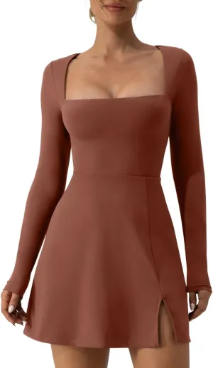 QINSEN Womens Square Neck Bodice Dress Long Sleeve Side Slit Flare Mini Dresses