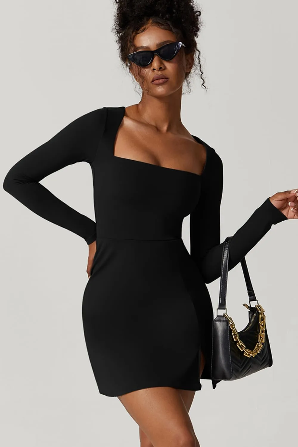 QINSEN Womens Square Neck Bodice Dress Long Sleeve Side Slit Flare Mini Dresses